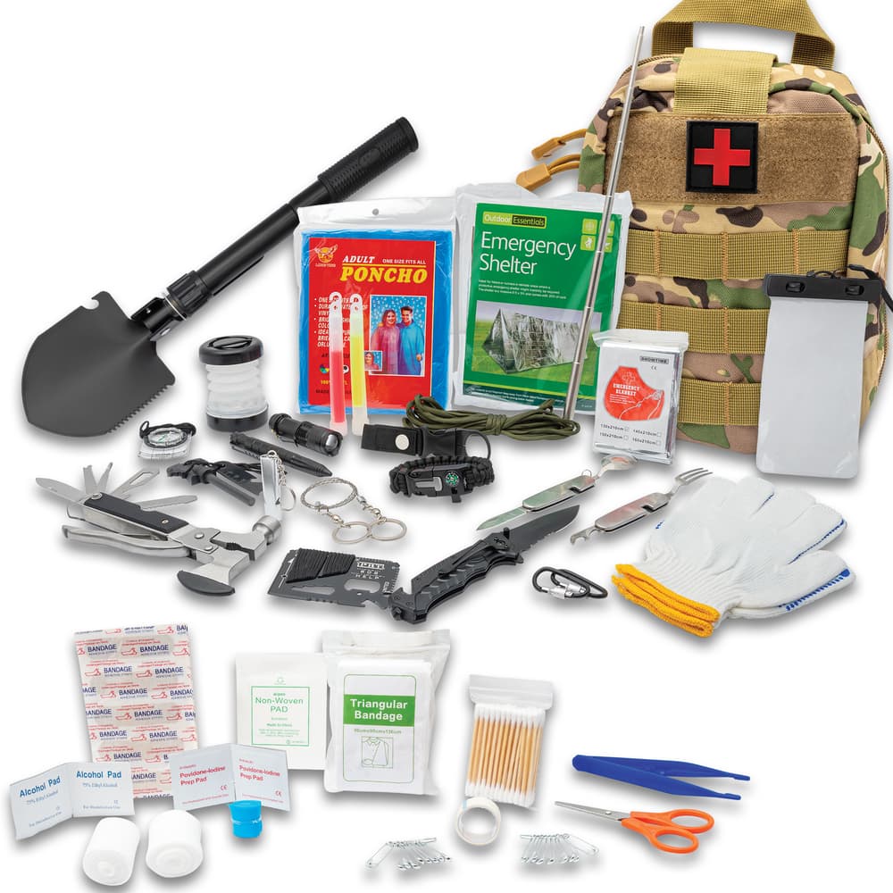 Ultimate Prepper Kit in green camo and its contents. image number 0